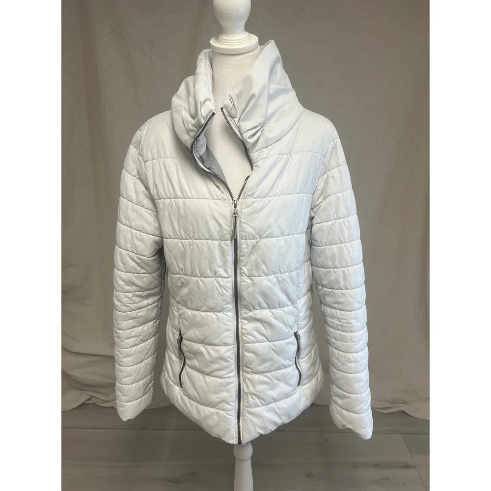 Stoic Puffer Jacket Womens Sz L White Funnel Neck Quilted Full Zip Winter Coat